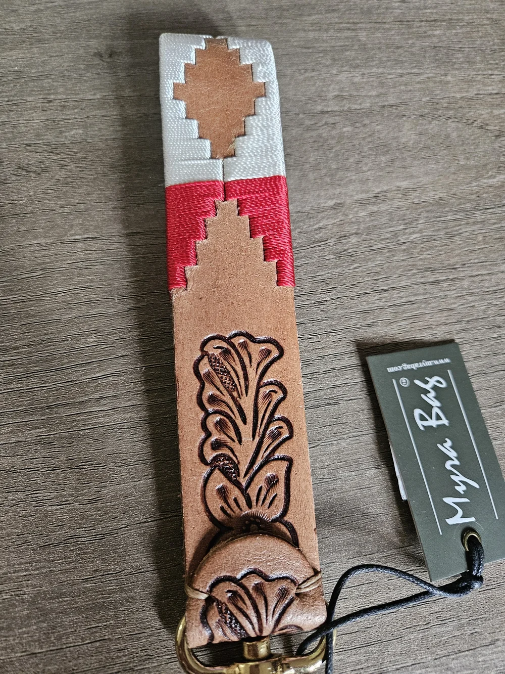 Myra Bag Turquoise & Red & White Embroidered Leather Key Fob Wristlet - NWT